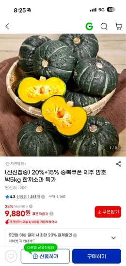 제주 밤호박 5kg 한입소과 (23과-32과) 9,880원
