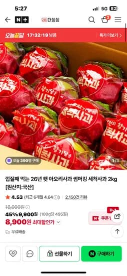 더싱싱 아오리사과 2kg 국산 9,900원 무배~