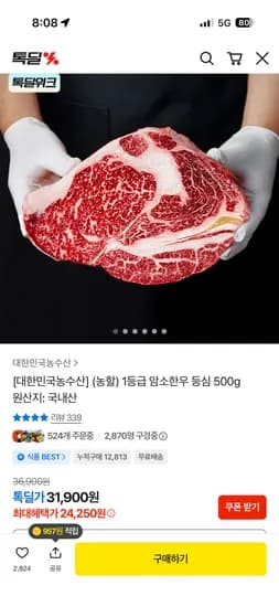 1등급 암소한우 등심 250g+250g 24,250원 무배