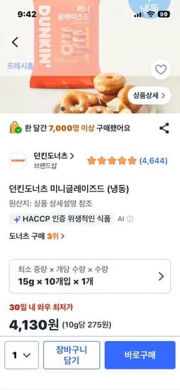 던킨도너츠 미니글레이즈드 (냉동)4130원