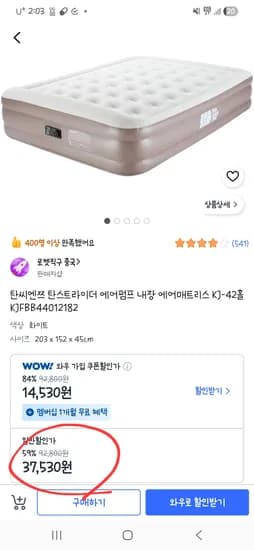 탄씨엔쯔 에어펌프 내장 에어매트리스 37,530원
