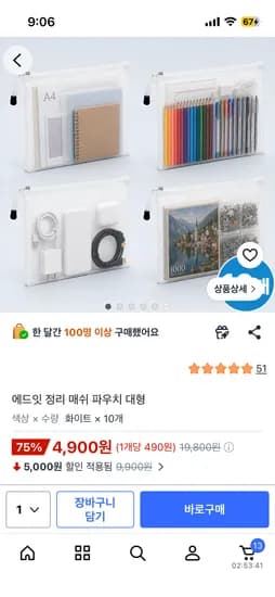 매쉬 정리 파우치 대형 10개 4900원 무배
