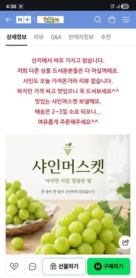 산지콕 초고당도 샤인머스켓 농장직송 2kg 16,900원 무배
