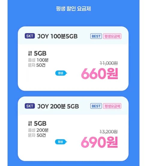 조이텔 skt망 데이터 5GB 음성100분 문자50건 660원