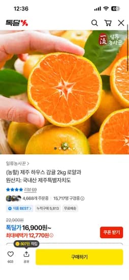 제주 하우스 감귤 2kg 12,770원