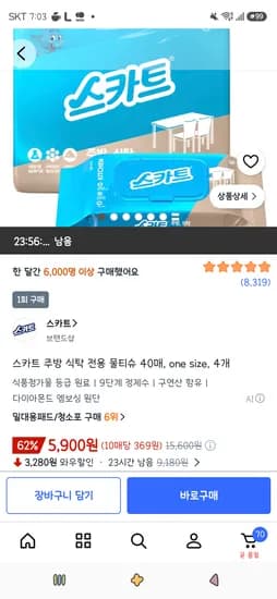 스카트 주방 식탁 전용 물티슈 40매, one size, 4개 5,900원