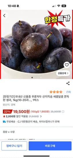국내산 신품종 푸룬자두 생과 1박스 500g 19,500원