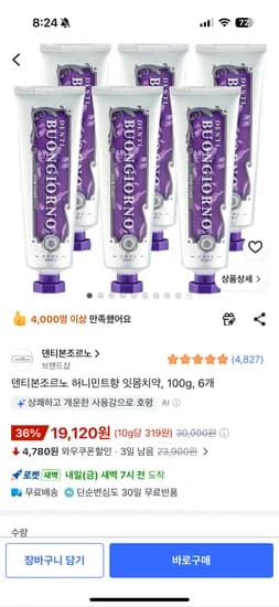 덴티본조르노 허니민트향 잇몸치약 100g 6개 19,120원