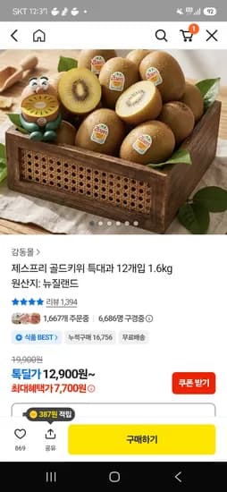 제스프리 골드키위 특대과 12개입 1.6kg 7,700원