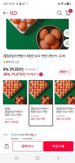 자연방사 유정란 1번란 60구 19,670원