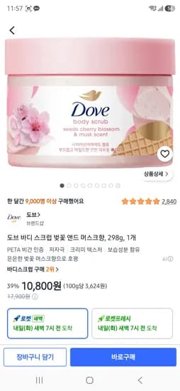 도브 바디 스크럽 벚꽃 앤드 머스크향, 298g, 1개 카드 10040원