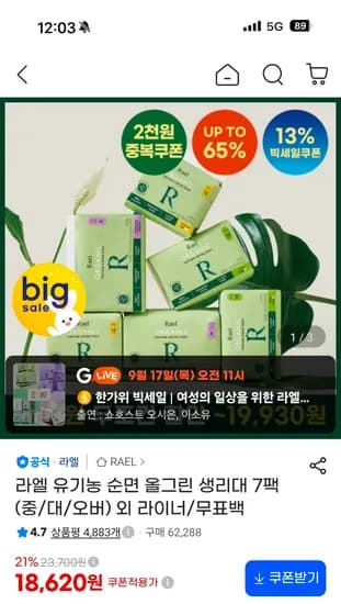 라엘 유기농 순면 올그린 생리대 7팩 18,620원