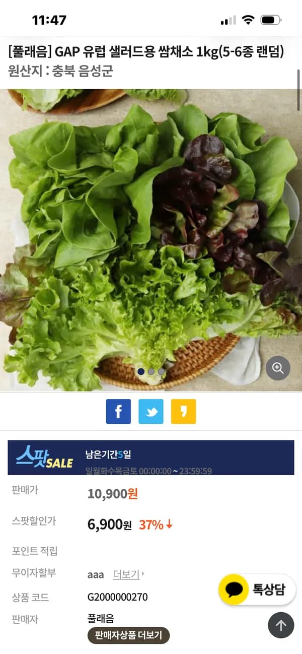 풀래음 GAP 유럽 샐러드용 쌈채소 1kg 6,900원