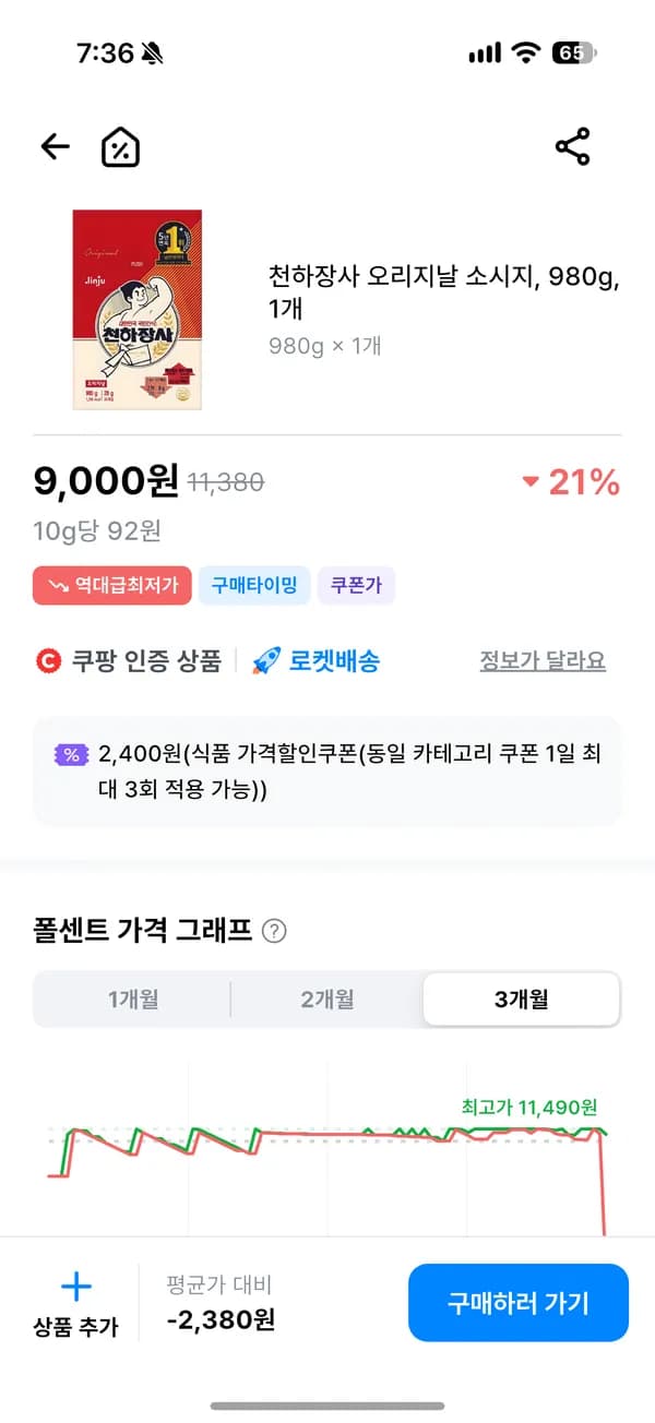 천하장사 오리지날 소시지 980g, 9000원
