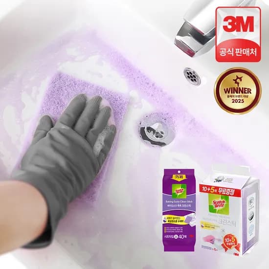 3M 스카치브라이트 욕실청소 수세미 베이킹소다 크린스틱 시트 일반형 15매+소형 40매