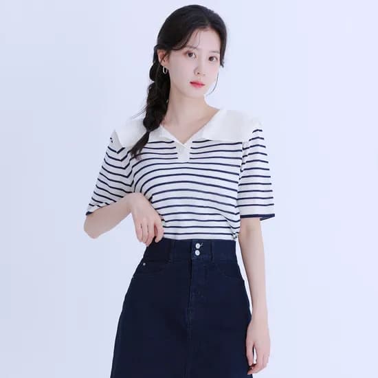 로엠 카라 스트라이프 반팔 스웨터 RMKAE26R99