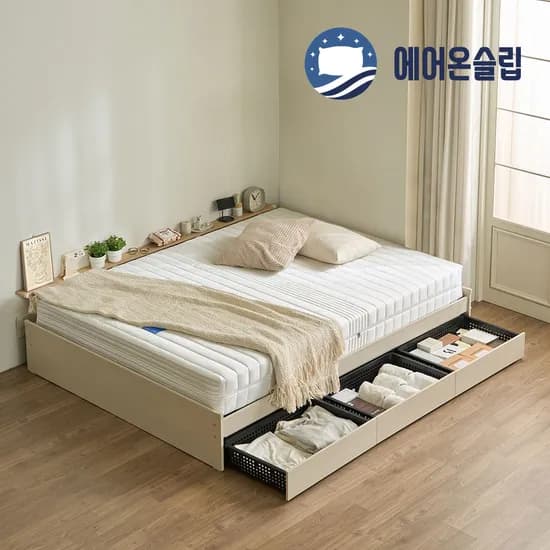 에어온슬립 E0 레이튼 수납 S 싱글침대+와이드선반 3서랍형 라이트오크 온슬립본넬베이직