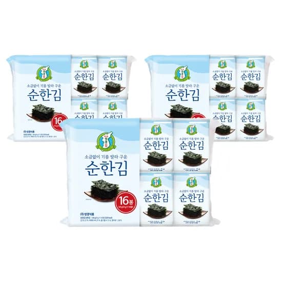지도표 성경김 순한김 소금없이 구운김 식탁 조미 도시락김 16봉 64g 3개