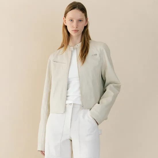 faux leather biker jacket beige