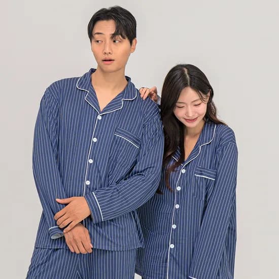 핀스트라이프 커플잠옷세트 카라 피치기모 긴팔 파자마 홈웨어