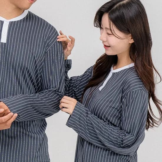 핀스트라이프 커플 긴팔 잠옷 라운드 홈웨어 파자마 세트
