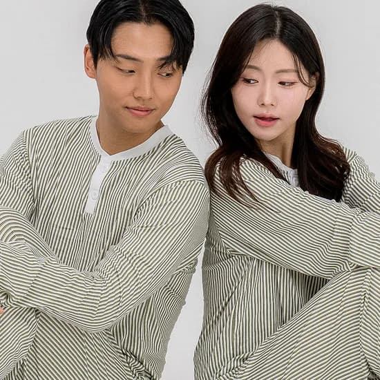 에이원 클래식 커플 잠옷 순면 긴팔 라운드 파자마 홈웨어 세트