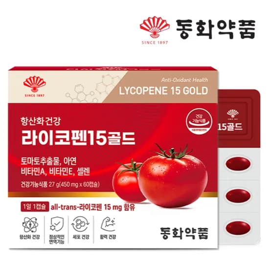 동화약품 라이코펜 15 골드 고함량 리코펜 토마토추출물 항산화 건강 식품 60캡슐, 1개