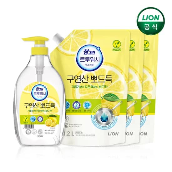 참그린 구연산 뽀드득 주방세제 레몬 본품 1kg 1.2L 리필 3개 14,900원