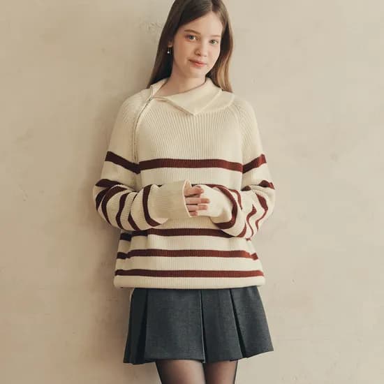 스트라이프 집업 스웨터 STRIPE ZIP-UP SWEATER / IVORY