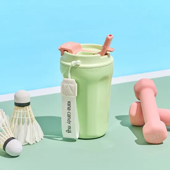 클리나 빨대 텀블러 보온보냉 스텐 캔디머그 텀블러 380ml, 그린베리