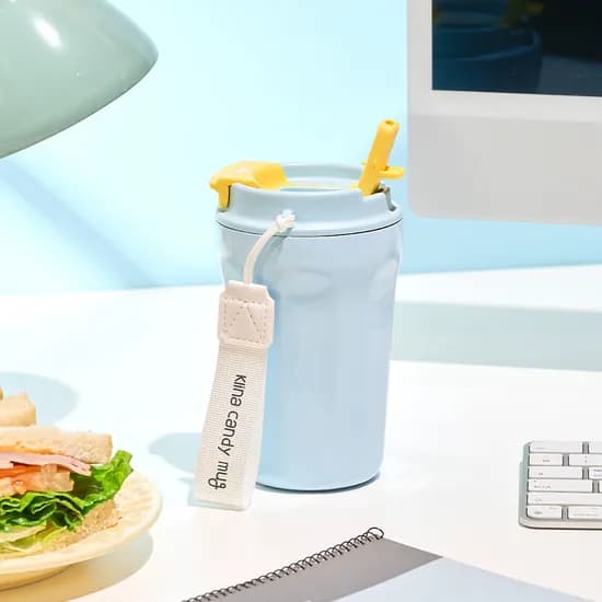 클리나 빨대 텀블러 보온보냉 스텐 캔디머그 텀블러 380ml, 블루레몬