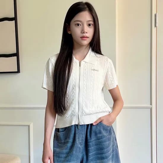 더데이걸 반팔 카라 집업 니트 TGKA25302