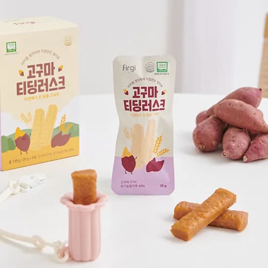 퍼기 유아 아기 간식 세트 고구마 티딩러스크 1BOX + 딸기홀더 1P  + 스트랩 롱 크림