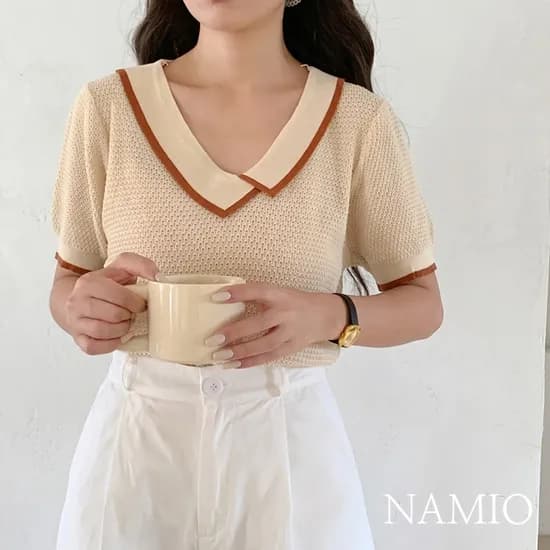 시스루 카라 니트 반팔 여름 여성 얇은 스트레이트체형
