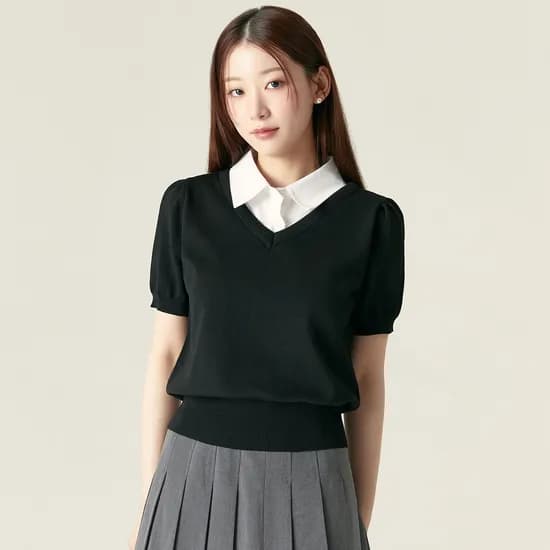 로엠 우븐매칭 카라 반팔 스웨터 RMKAF25RT1