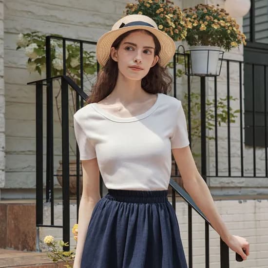 골지 U넥 반팔 티셔츠 RIBBED U-NECK SHORT SLEEVE T-SHIRT