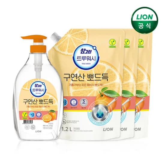 참그린 구연산 뽀드득 주방세제 오렌지향 본품 1kg 4개