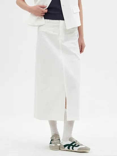 LINEN FRONT-SLIT LONG SKIRT_WHITE