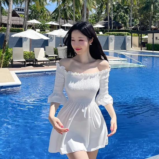 크라시앙 하니 스모크 모노키니 여성 오프숄더 몸매보정 휴양지 워터파크 원피스 여자수영복