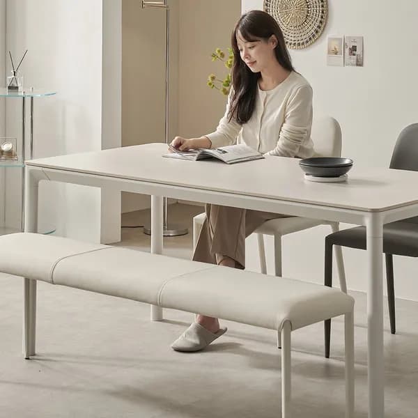 로프트 포세린 세라믹 식탁세트 웜화이트 의자2벤치1 1200mm