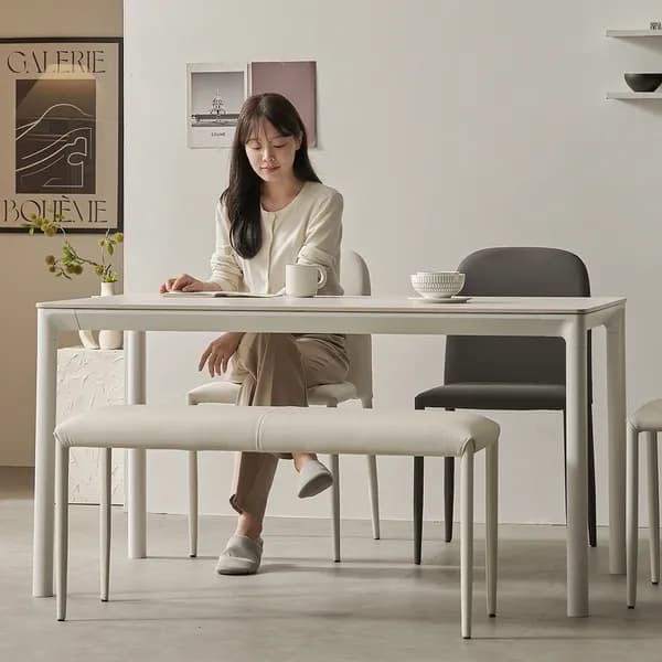 로프트 포세린 세라믹 식탁세트 웜화이트 의자2벤치1 1400mm