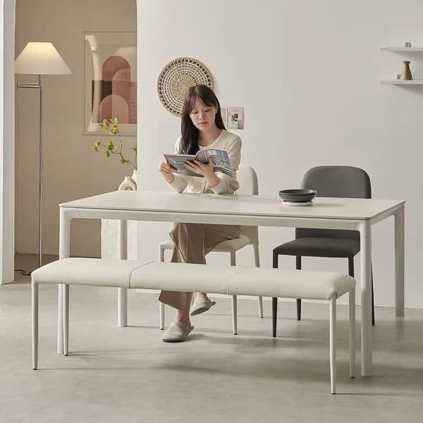 로프트 포세린 세라믹 식탁세트 웜화이트 의자2벤치1 1800mm