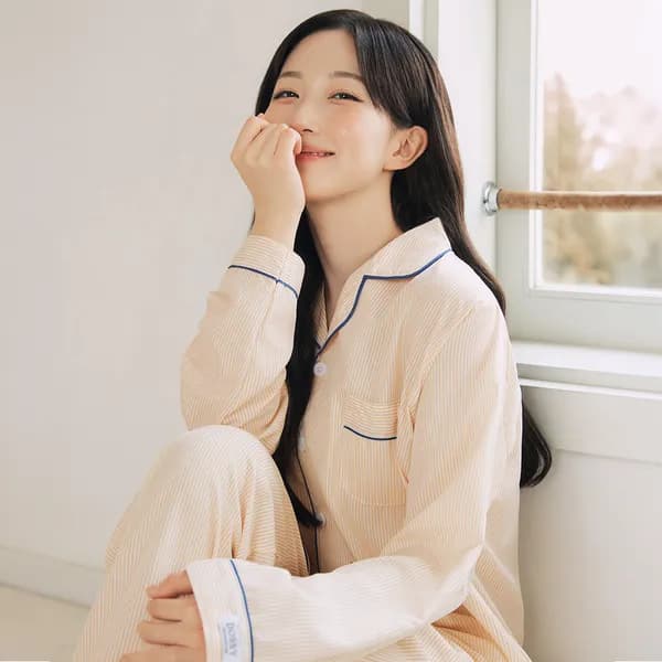실크핏 클린 긴팔 파자마 카라 커플 잠옷 세트 홈웨어 남녀공용