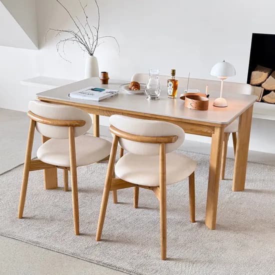 고디 세라믹식탁 세트 4인용 원목 식탁+의자2+벤치1, 1400mm, 내추럴/샌드베이지