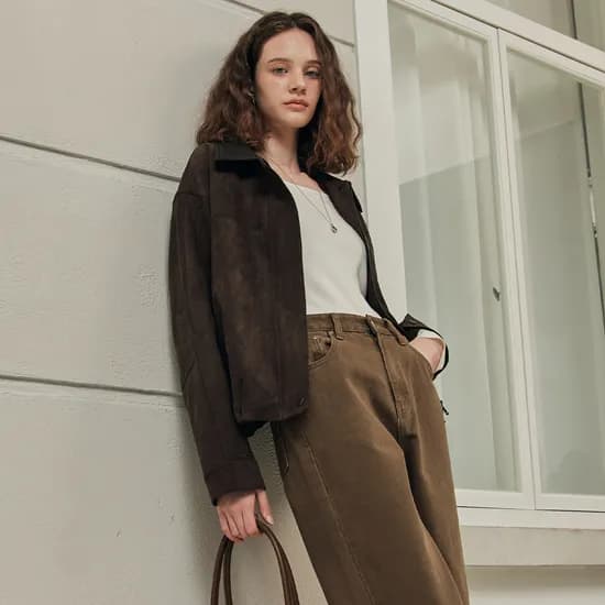 레더 카라 스웨이드 점퍼 LEATHER COLLAR SUEDE JUMPER MOCHA BROWN