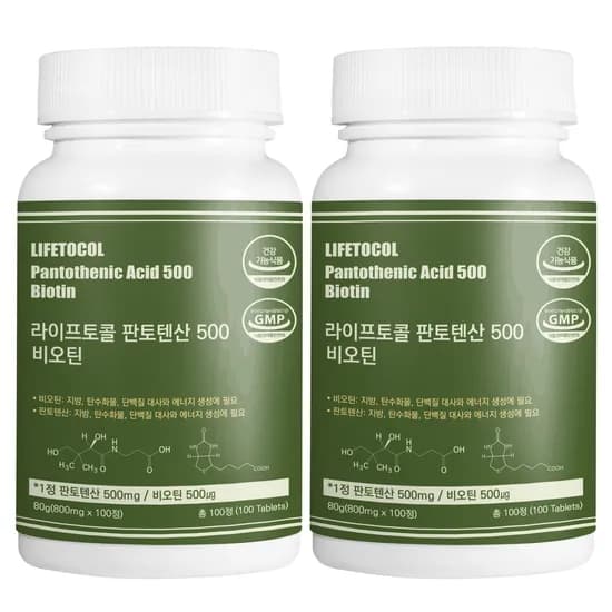 라이프토콜 판토텐산500 비오틴 비타민B 영양제/사은품여드름패치 랜덤발송 100정, 2개