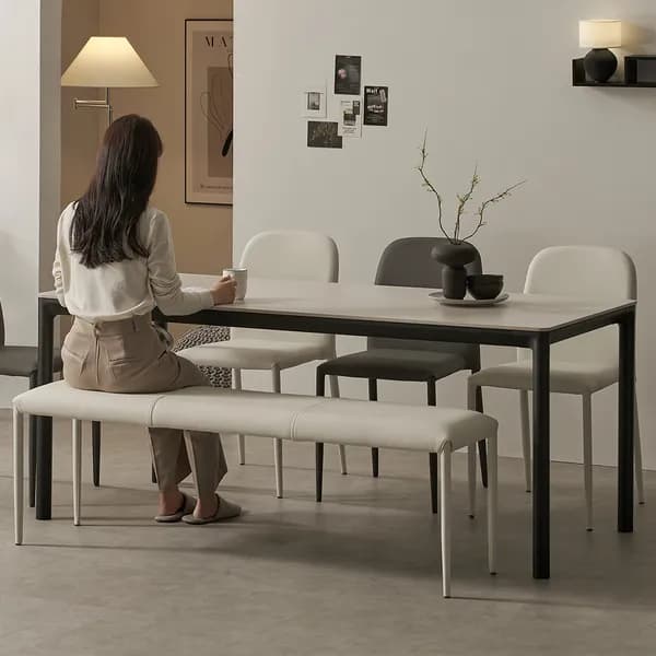 로프트 포세린 세라믹 식탁세트 머드그레이 의자3벤치1 1800mm 웜화이트프레임
