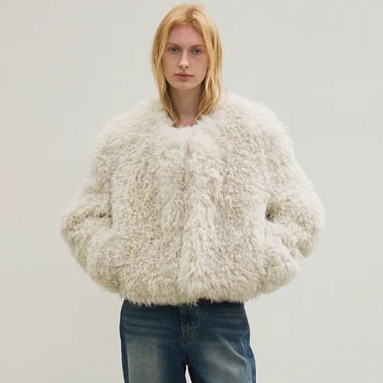fur round jacket light gray