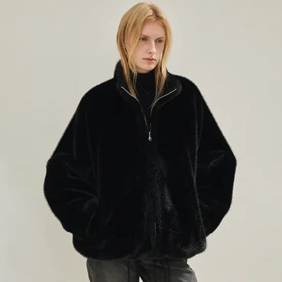 fur reversible zip-up jacket black