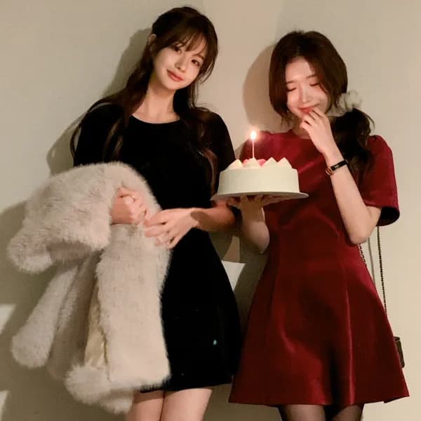 펄 퍼프 반팔 플레어 미니 원피스 op16192